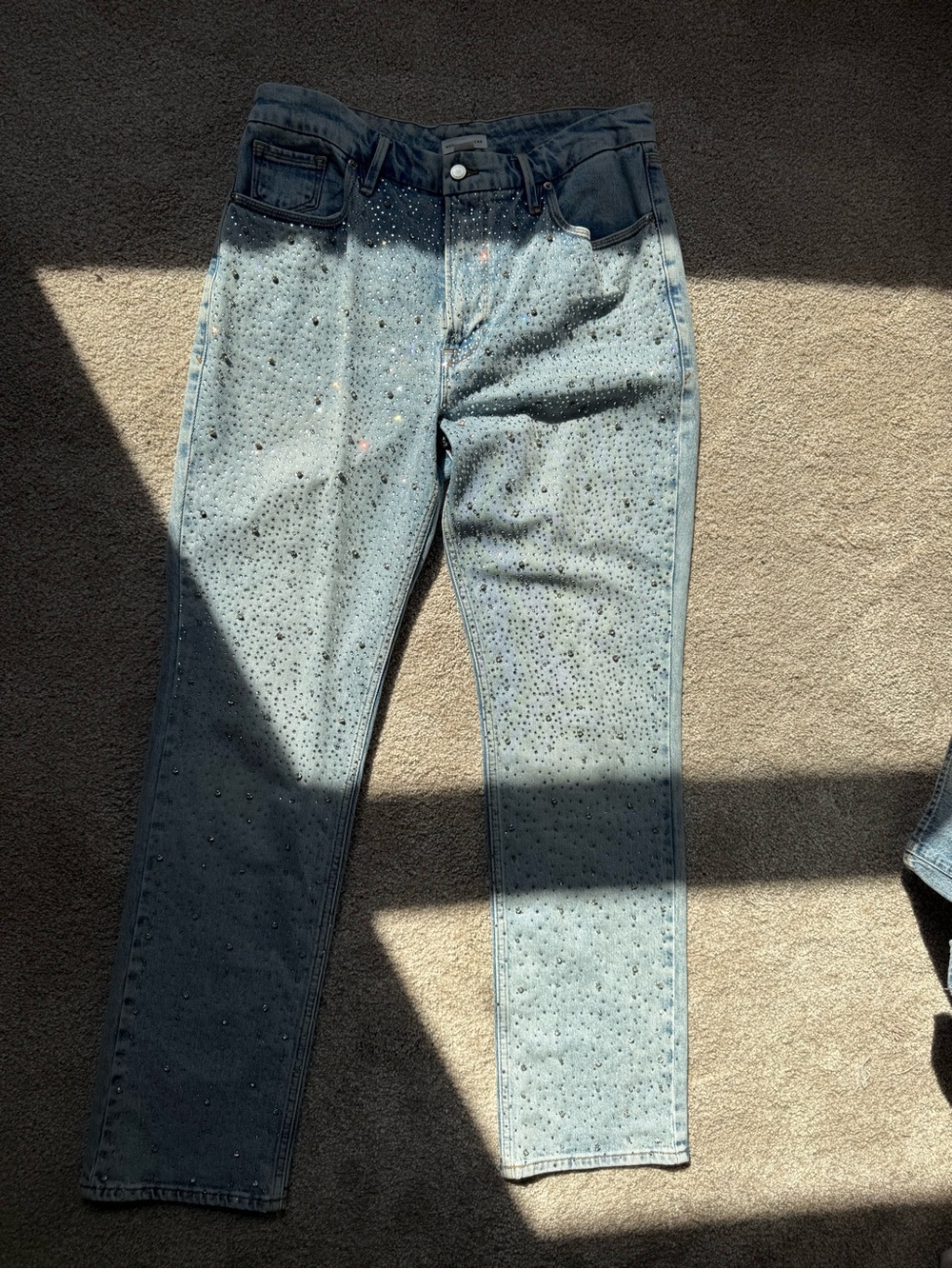Good American Two-Tone Light Blue Crystal Straight Leg Jeans